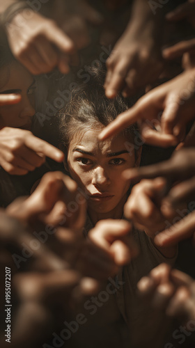 una mujer siendo acosada y señalada por muchas personas manos de mucha gente juzgando a una mujer al centro apuntando con el dedo en forma de critica 