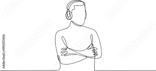 Person with headphones looking sideways continuous line drawing