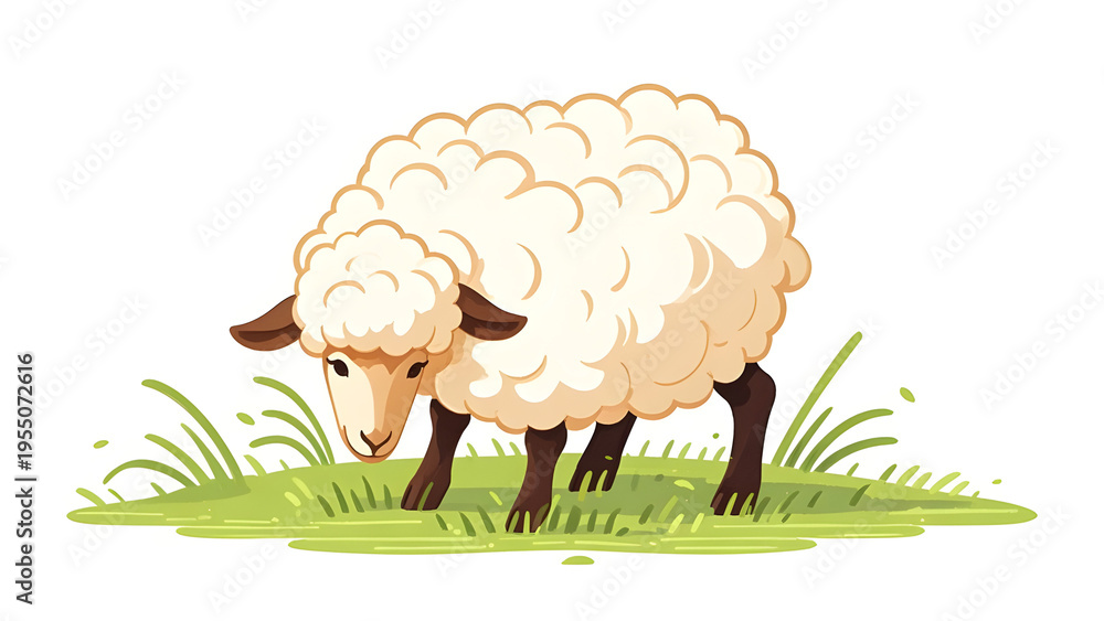 Obraz premium Fluffy white sheep grazing on green grass against white background