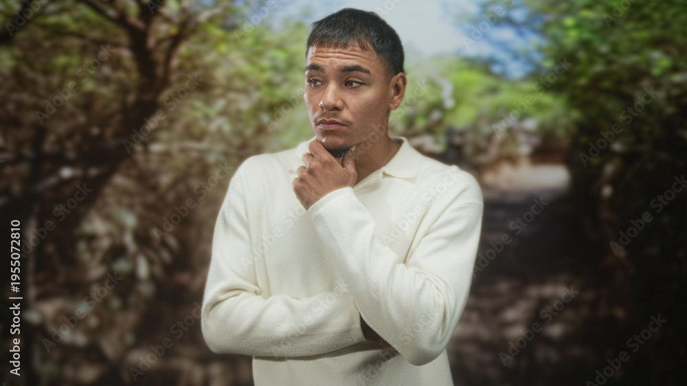 Fototapeta premium Man touching chin with hand in a pensive thinking pose on a forest path, wearing white sweater; thoughtful reflection.