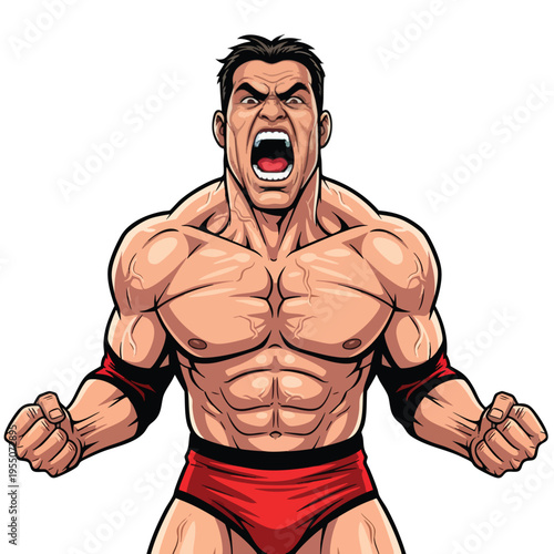 Powerful wrestler vector illustration roaring fiercely with muscular build red wrestling trunks and wristbands in dynamic aggressive pose