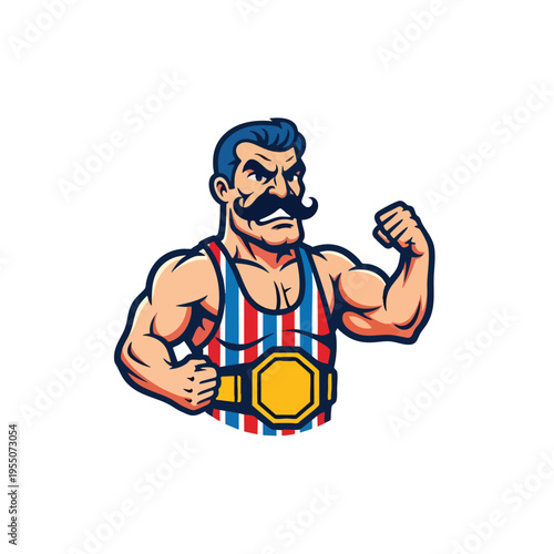 Powerful wrestler vector illustration flexing muscular arms with championship belt and fierce mustache expression