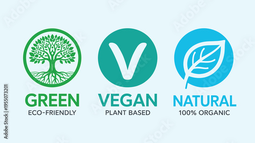Set of Green Eco-Friendly Vegan Plant Based and 100 Percent Organic Natural Labels for Sustainable Product Packaging and Marketing