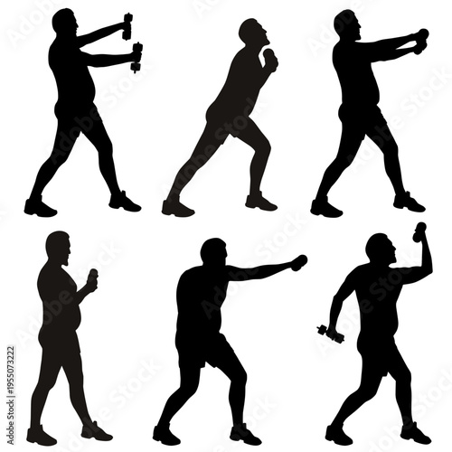 Vector icons of man doing sport exercises with dumbbells isolated on white background. Silhouettes of sportive boy doing fitness workout in different position. 