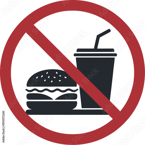 Universal No Food or Drink Allowed Prohibition Warning Sign with Hamburger and Soda Cup Icons for Professional Office and Lab Environments