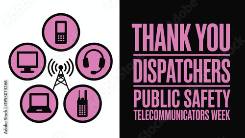 Thank You Dispatchers Public Safety Telecommunicators Week Graphic with Communication Tower and Tech Icons for Emergency Service Support