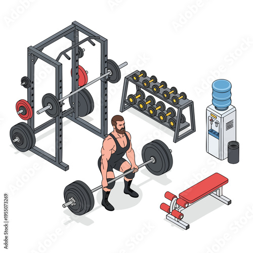 Muscular wrestler vector illustration performing deadlift with heavy barbell in modern gym surrounded by weights and equipment