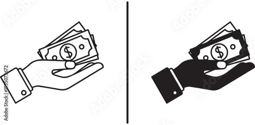 A hand exchanging money in a simple black and white illustration