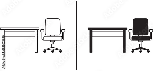 A simple line drawing of office furniture in black and white