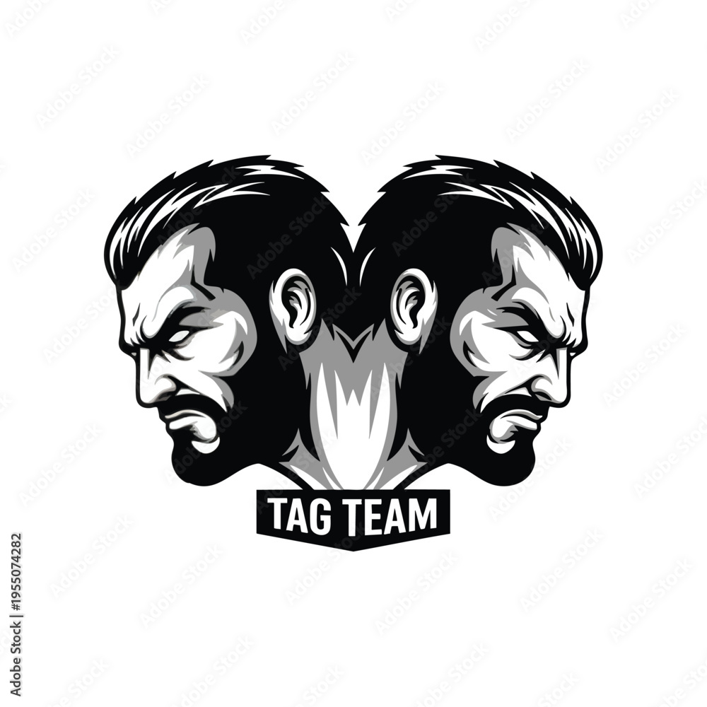 Fototapeta premium A black and white vector illustration of two wrestlers' heads facing each other, forming a tag team logo with bold lines and contrasting tones on a plain background. Perfect for sports,