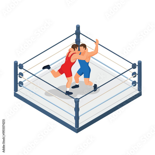 Vector illustration of two wrestlers in a boxing ring, one wearing red and the other blue, engaged in a match with ropes and a mat. Perfect for sports, wrestling, and fitness content.