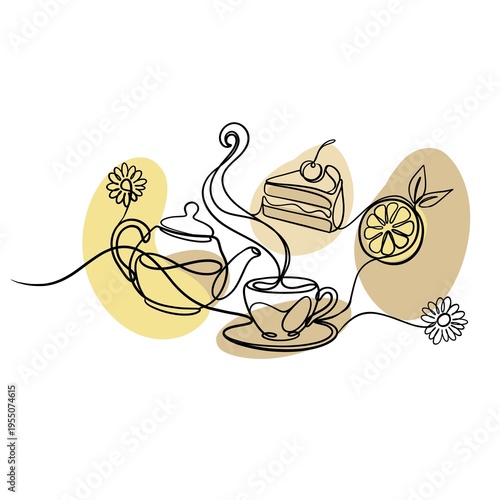 Minimalist continuous one line illustration of a teapot pouring tea into a cup with lemon, cake and chamomile flowers. 