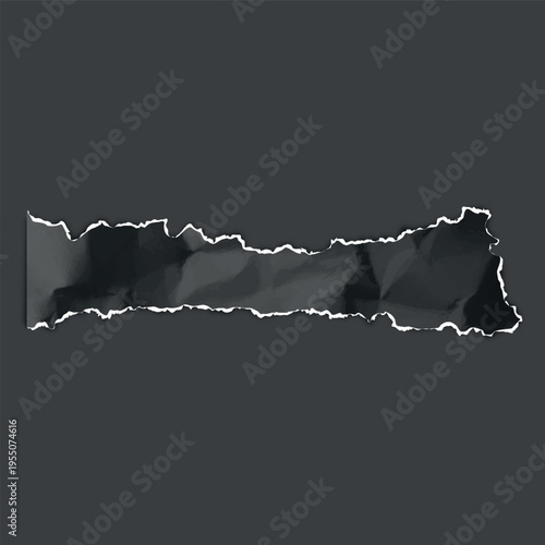 Black crumpled torn paper strip, vector realistic torn sheet of paper fragment, wrinkled page scrap with ripped edges