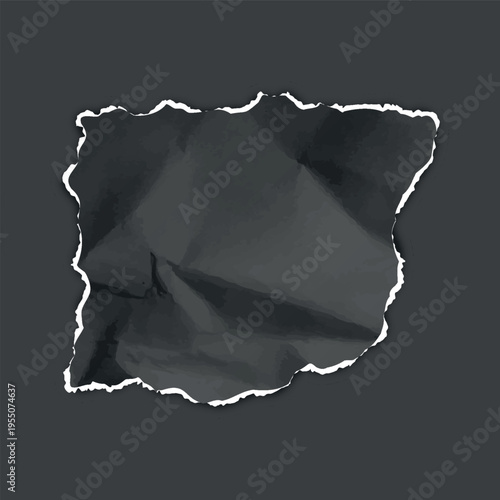 Torn sheet of paper rectangle fragment, black crumpled torn paper, vector realistic wrinkled scrap ripped edges