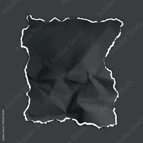 Torn sheet of paper piece, black crumpled torn paper, vector realistic wrinkled scrap, rectangle fragment ripped edges