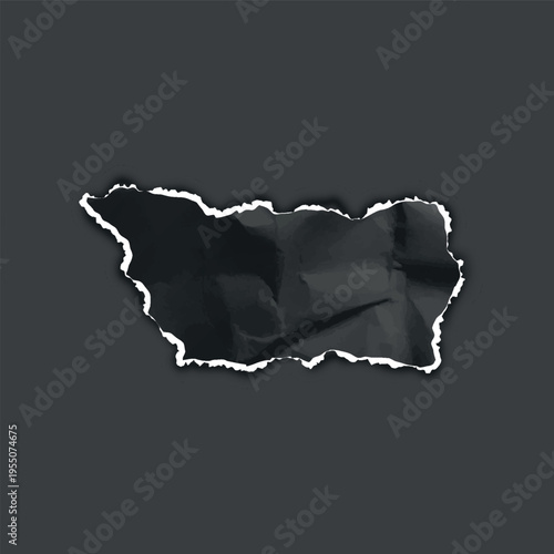 Torn paper piece, black crumpled torn paper sheet, vector realistic wrinkled scrap, rectangle fragment ripped edges