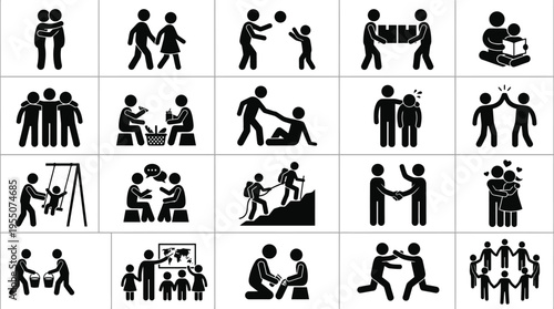 A collection of black and white vector illustrations depicting various social interactions, relationships, teamwork, and human connections in a simple stick figure style