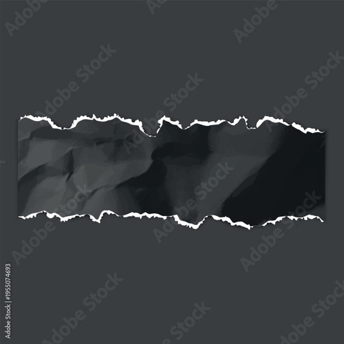 A realistic torn strip of black, wrinkled paper with a jagged top and bottom edge.