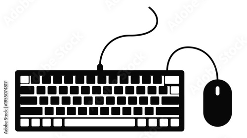 A black and white vector graphic illustration of a standard computer keyboard and mouse