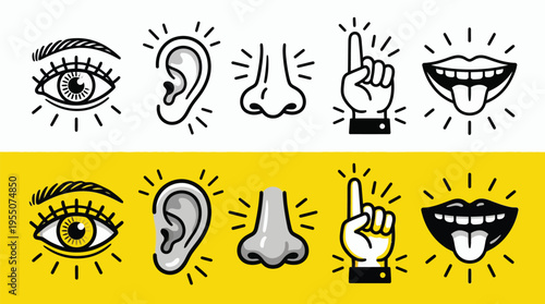 Vector illustration of human facial features in various styles and colors