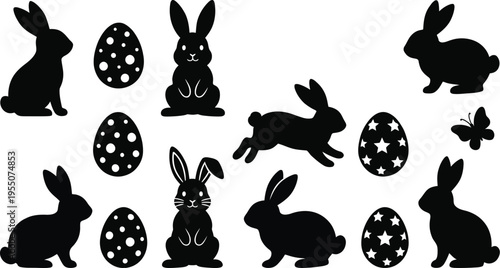 Black silhouettes of Easter bunnies and decorated eggs on white background, vector graphic illustration of Easter icons