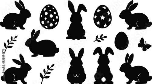 A set of black silhouettes featuring Easter bunnies, eggs, leaves, and a butterfly, ideal for holiday designs and decorations, vector graphic illustration.