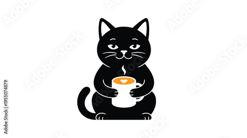 A cute black cat holding a cup of coffee in its paws, looking adorable with a heart design on the coffee surface