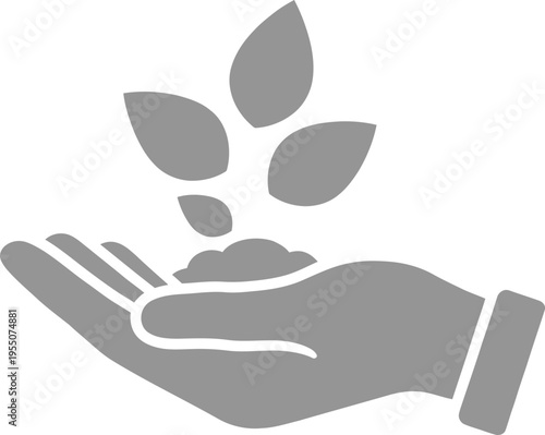 A gray vector illustration of a hand holding soil with a small plant growing from it, symbolizing growth and nurturing in a minimalist design.