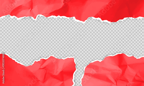 Red torn paper frame top and bottom edges with empty space background, vector ripped horizontal page crumpled texture