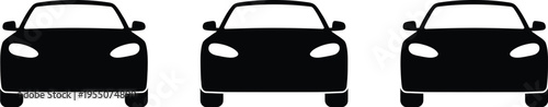 Three black silhouette cars facing forward in a row, simple vector graphic illustration of automobiles