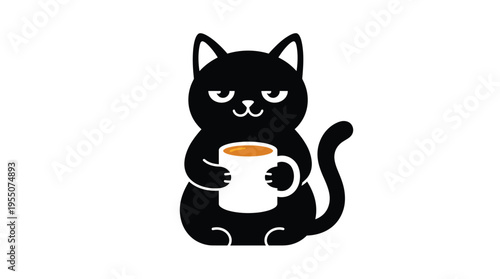 A black cat with a grumpy expression holds a mug of coffee