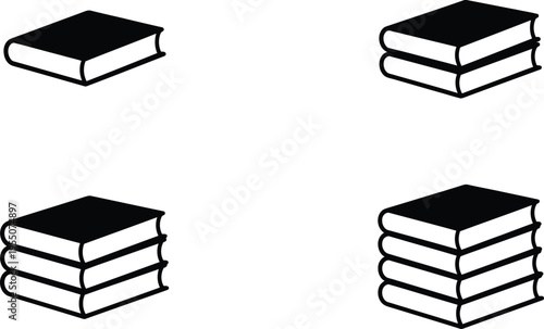 A set of four black and white vector illustrations of books stacked in different configurations and quantities