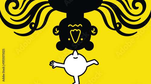 A whimsical vector illustration of a joyful white character balancing a large black head with swirling hair on its nose