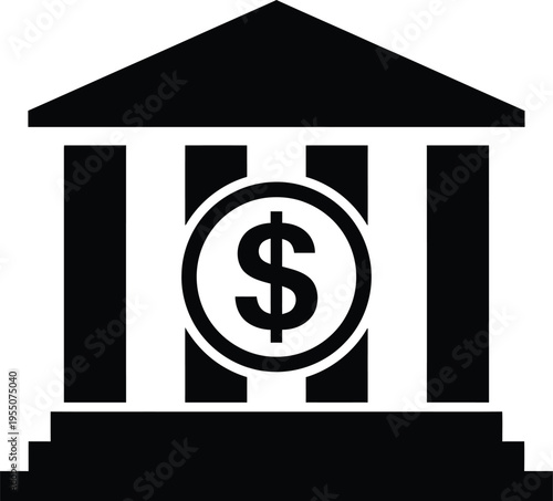 Vector graphic illustration of a bank building with a dollar sign, symbolizing finance and banking services in a simple design