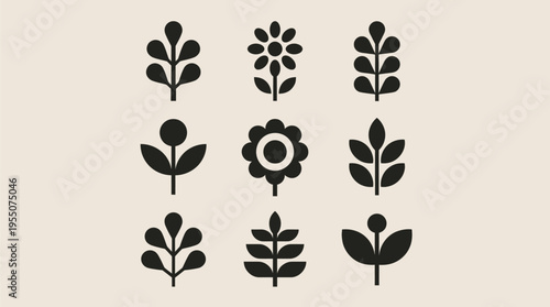 Minimalist vector graphic illustration of nine unique black flower and leaf designs on a beige background