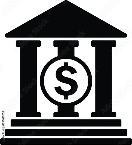 A black vector graphic illustration of a bank building with columns and a dollar sign
