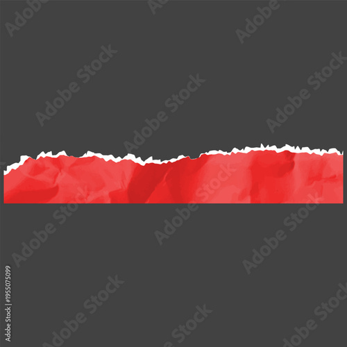 Red crumpled torn paper strip piece, vector realistic torn sheet of page fragment, wrinkled color scrap with jagged edge