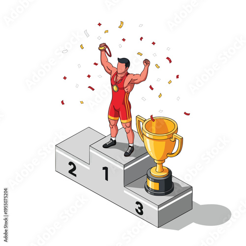 A triumphant wrestler in a red singlet standing on a podium with a gold trophy, celebrating with confetti. Perfect for sports, victory, and achievement presentations.