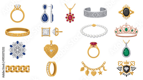 A collection of various jewelry pieces, including rings, necklaces, earrings, and bracelets, displayed against a white background.