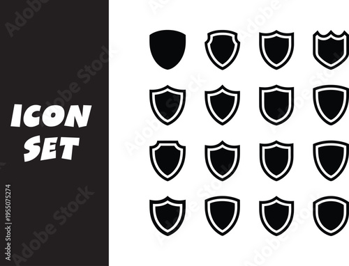 Collection of shield icons in a variety of styles and orientations for design projects