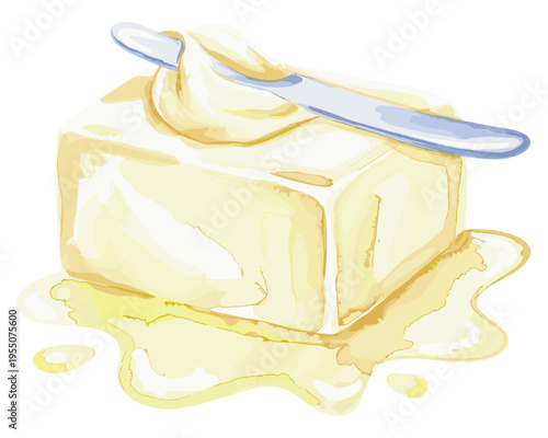 Watercolor of butter block with knife and melting spread isolated on transparent background