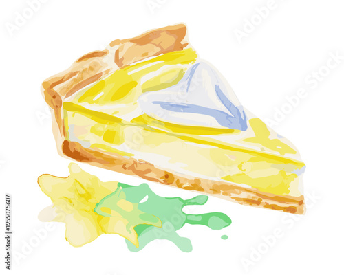 Watercolor illustration of cheesecake slice with creamy filling and crust isolated on transparent background