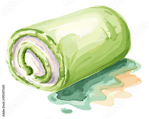 Watercolor of green swiss roll cake with cream filling isolated on transparent background