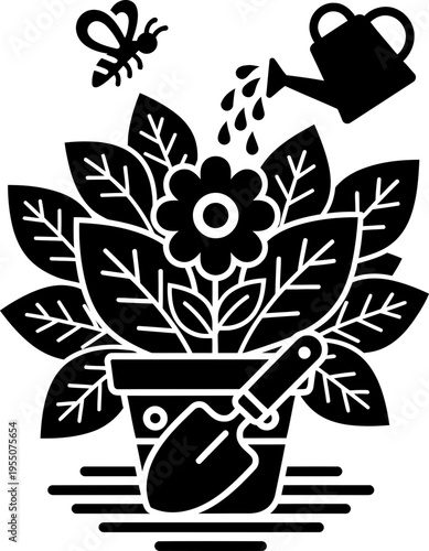 Potted plant with leaves and flower, bee, watering can, shovel. Gardening and hobby concept. Monochrome vector illustration. Garden care icon