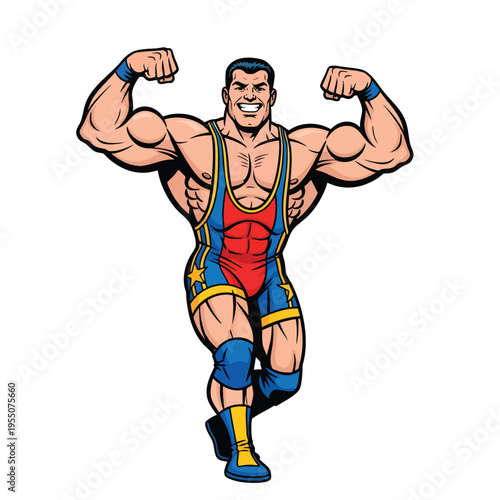 A muscular male wrestler in a colorful singlet, flexing his arms in a powerful pose, depicted in a vibrant cartoon style with bold lines and bright colors, set against a plain white