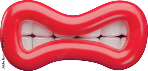 3D, red, pursed lips with white teeth, a grimace of tension, aggression.