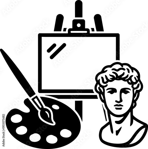 Art icon set with easel, paint, palette, brush, and bust statue, representing creativity and fine arts. Vector illustration for education