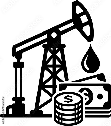 Oil pumpjack with falling crude oil drop generating dollar banknote and coin. Energy business finance investment concept. Vector illustration