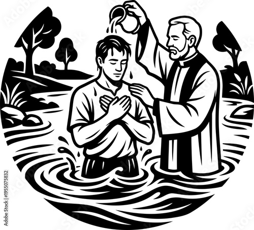 Man baptism in river, religious ceremony. Christian sacrament. Black and white monochrome vector illustration for church, icon, symbol