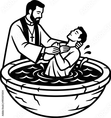 Priest baptizing man in water baptismal font. Christian church ceremony ritual. Religious worship concept. Black and white vector illustration.